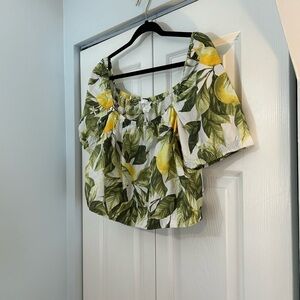 H&M Lemon Print Puff Sleeve Crop Top Women’s Large Cottagecore Summer Blouse